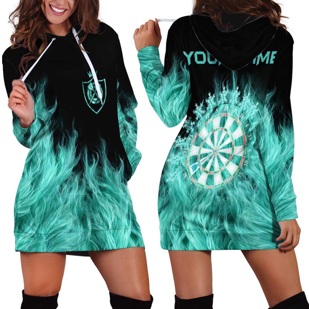 Darts Board Hoodie Dress with Flaming Green Smoke and Crest Emblem on Black Gradient Background - Wonder Print Shop