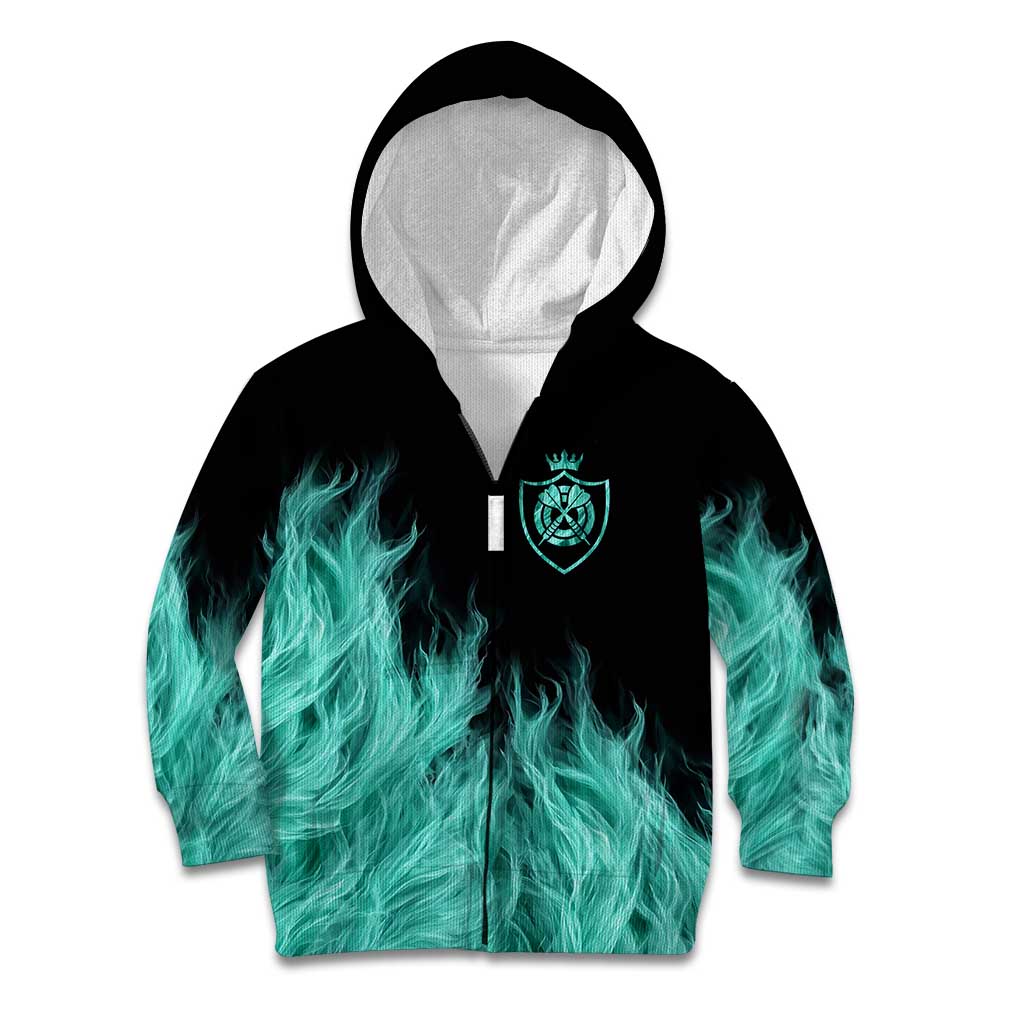 Darts Board Kid Hoodie with Flaming Green Smoke and Crest Emblem on Black Gradient Background - Wonder Print Shop