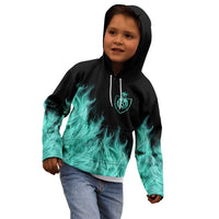 Darts Board Kid Hoodie with Flaming Green Smoke and Crest Emblem on Black Gradient Background - Wonder Print Shop