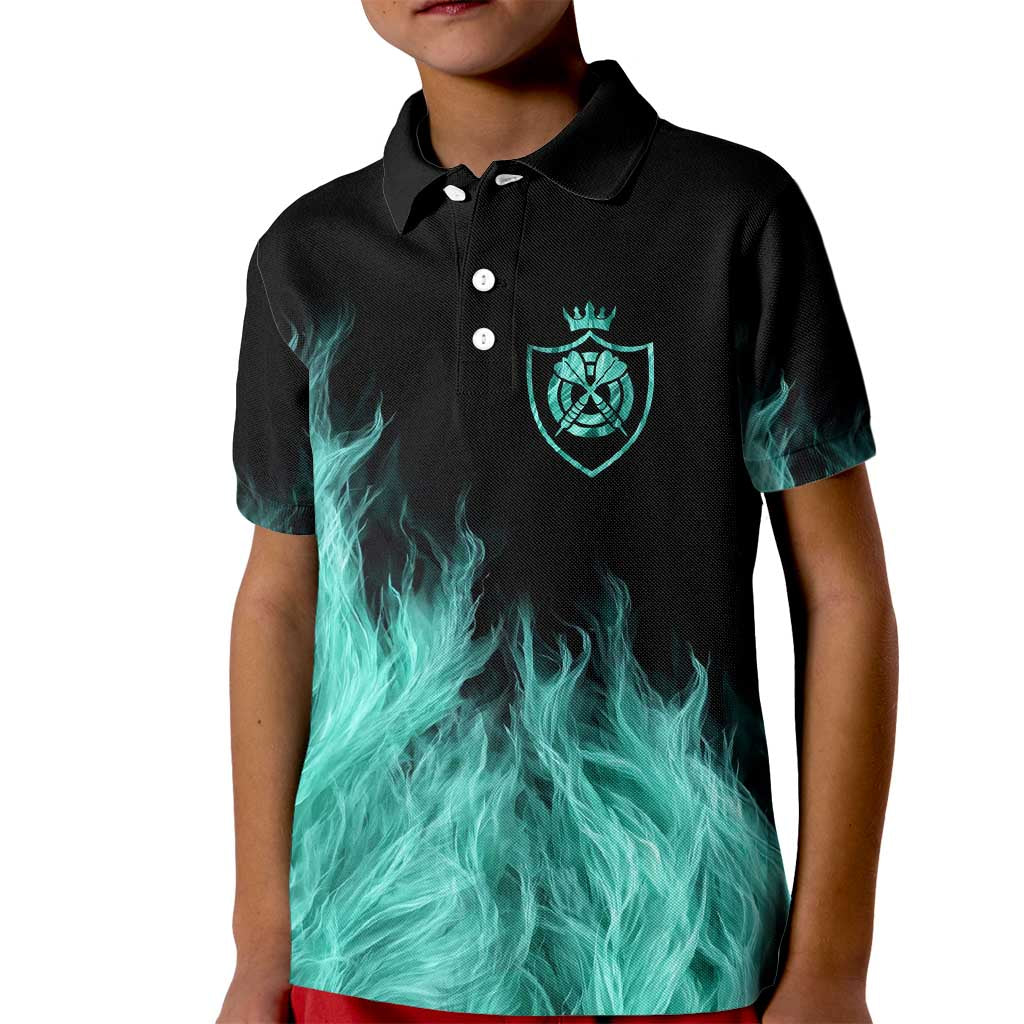 Darts Board Kid Polo Shirt with Flaming Green Smoke and Crest Emblem on Black Gradient Background - Wonder Print Shop