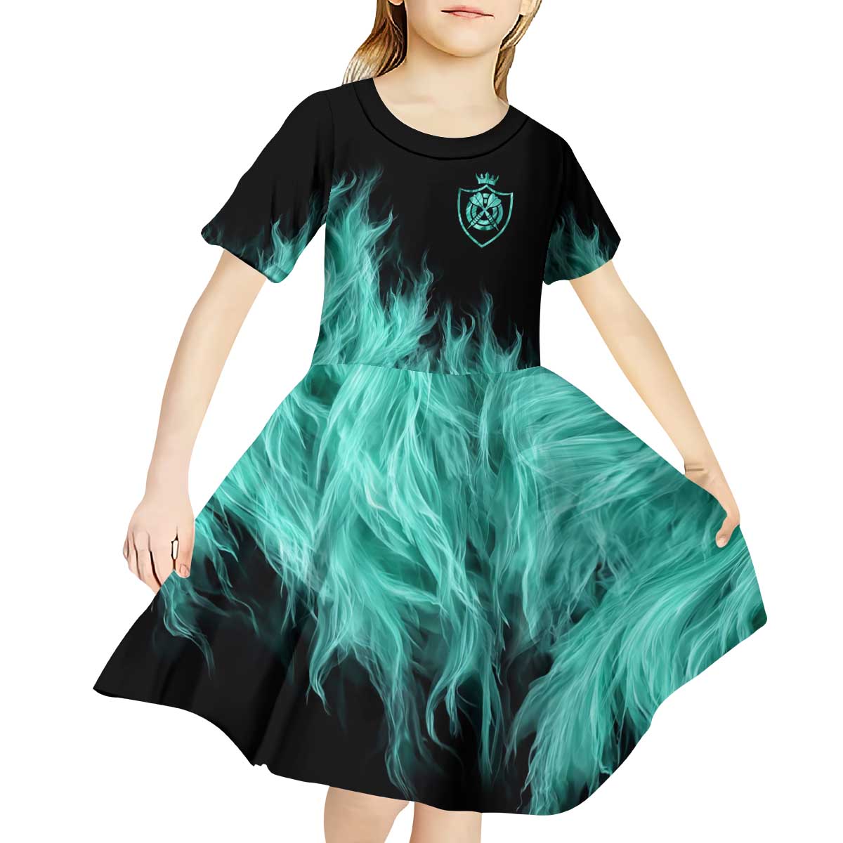 Darts Board Kid Short Sleeve Dress with Flaming Green Smoke and Crest Emblem on Black Gradient Background - Wonder Print Shop