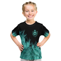Darts Board Kid T Shirt with Flaming Green Smoke and Crest Emblem on Black Gradient Background - Wonder Print Shop