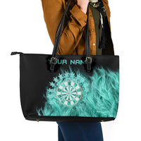 Darts Board Leather Tote Bag with Flaming Green Smoke and Crest Emblem on Black Gradient Background - Wonder Print Shop