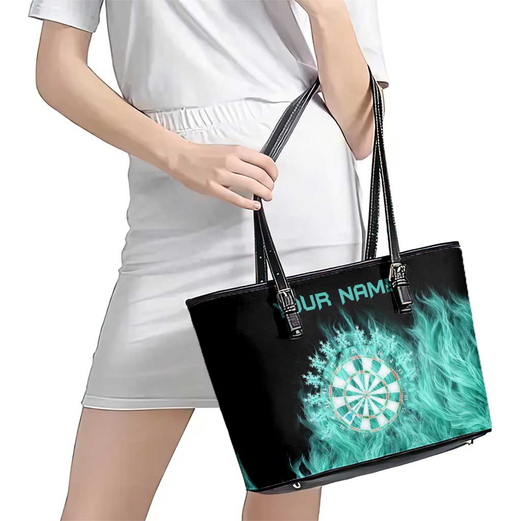 Darts Board Leather Tote Bag with Flaming Green Smoke and Crest Emblem on Black Gradient Background - Wonder Print Shop