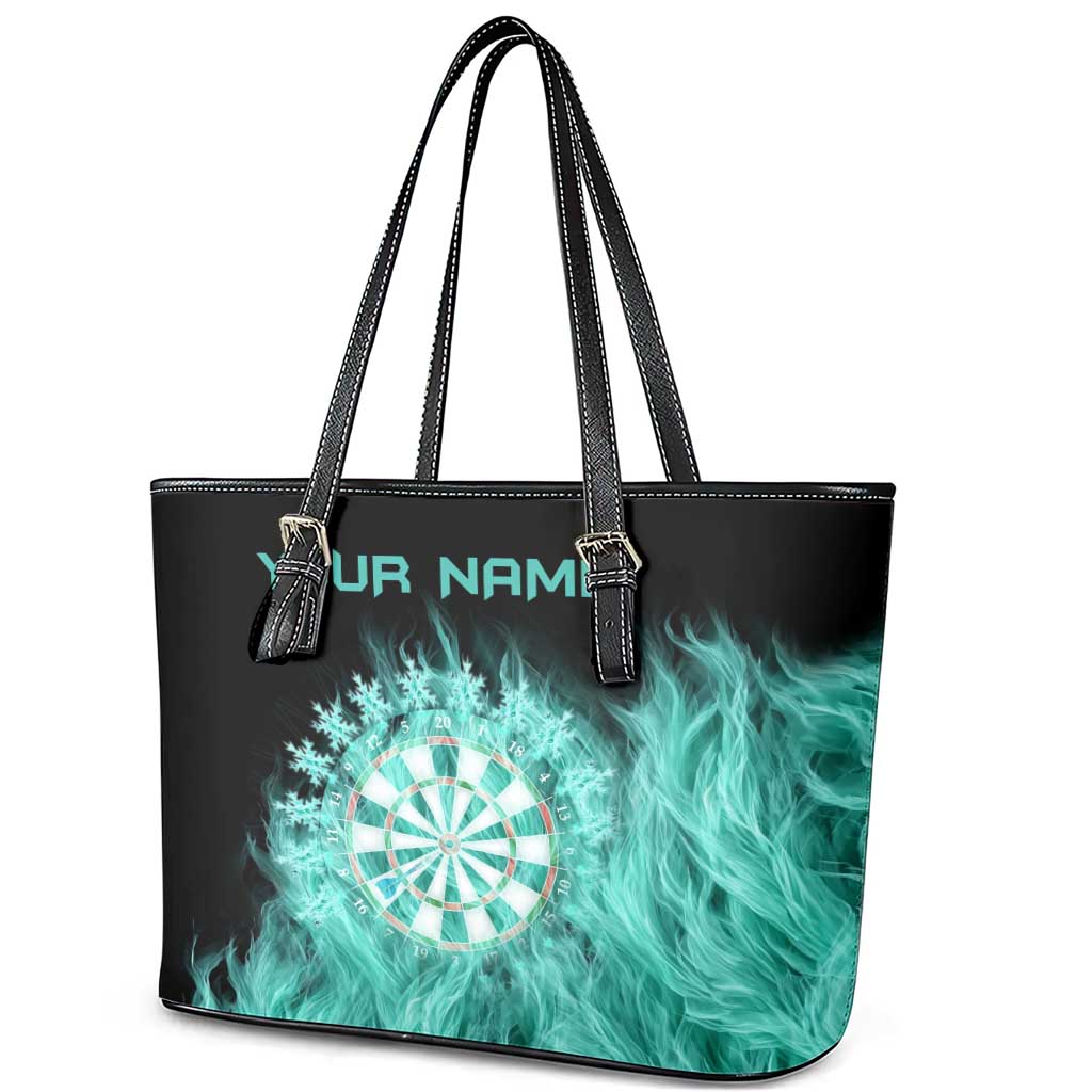 Darts Board Leather Tote Bag with Flaming Green Smoke and Crest Emblem on Black Gradient Background - Wonder Print Shop