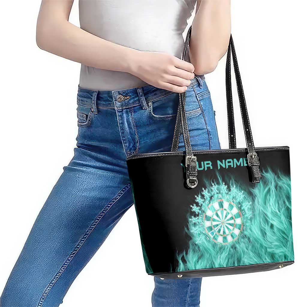 Darts Board Leather Tote Bag with Flaming Green Smoke and Crest Emblem on Black Gradient Background - Wonder Print Shop