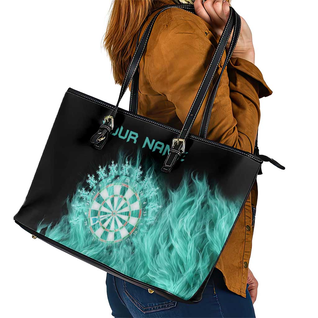 Darts Board Leather Tote Bag with Flaming Green Smoke and Crest Emblem on Black Gradient Background - Wonder Print Shop