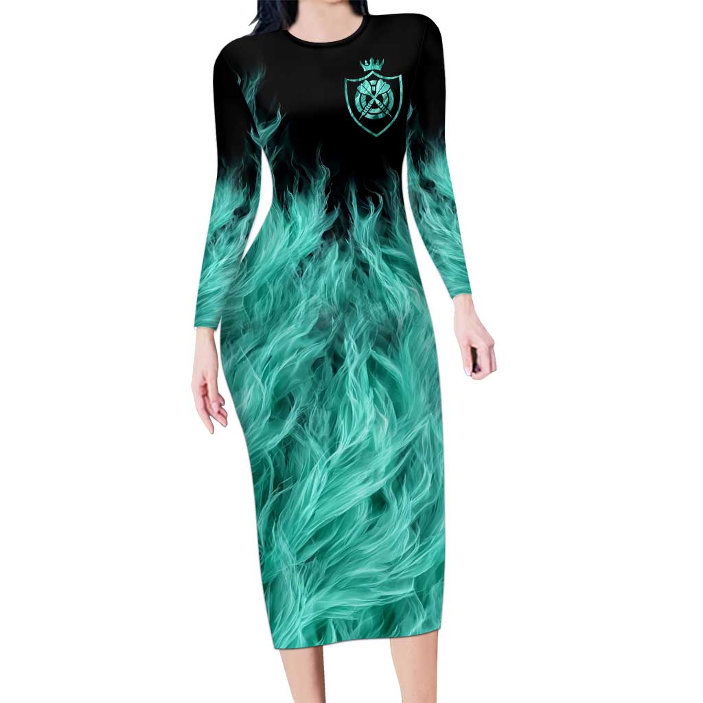 Darts Board Long Sleeve Bodycon Dress with Flaming Green Smoke and Crest Emblem on Black Gradient Background - Wonder Print Shop