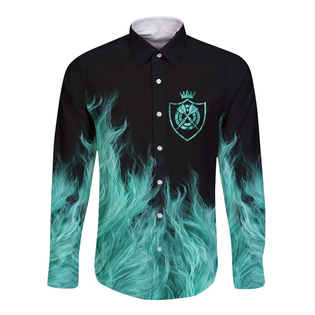 Darts Board Long Sleeve Button Shirt with Flaming Green Smoke and Crest Emblem on Black Gradient Background - Wonder Print Shop