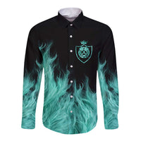 Darts Board Long Sleeve Button Shirt with Flaming Green Smoke and Crest Emblem on Black Gradient Background - Wonder Print Shop