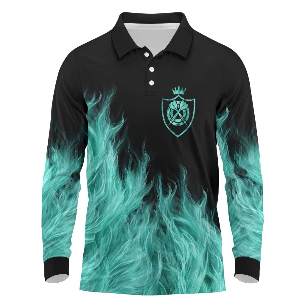 Darts Board Long Sleeve Polo Shirt with Flaming Green Smoke and Crest Emblem on Black Gradient Background - Wonder Print Shop