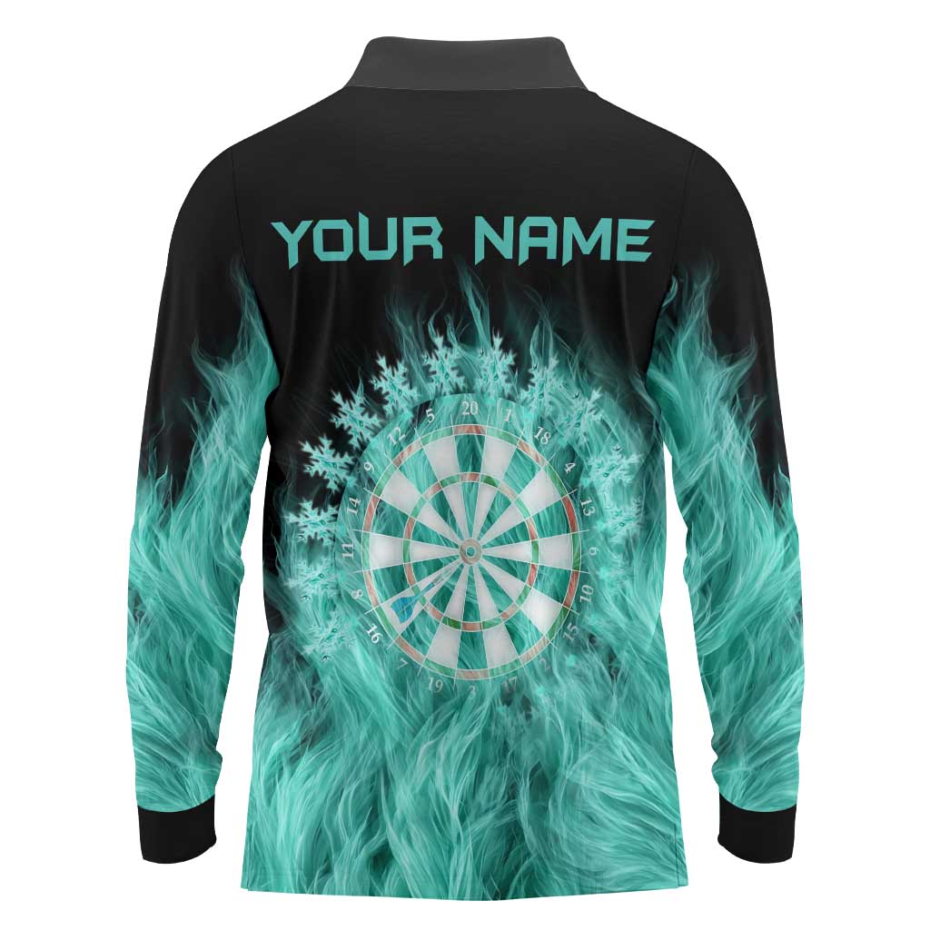 Darts Board Long Sleeve Polo Shirt with Flaming Green Smoke and Crest Emblem on Black Gradient Background - Wonder Print Shop