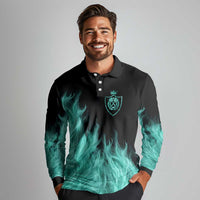 Darts Board Long Sleeve Polo Shirt with Flaming Green Smoke and Crest Emblem on Black Gradient Background - Wonder Print Shop