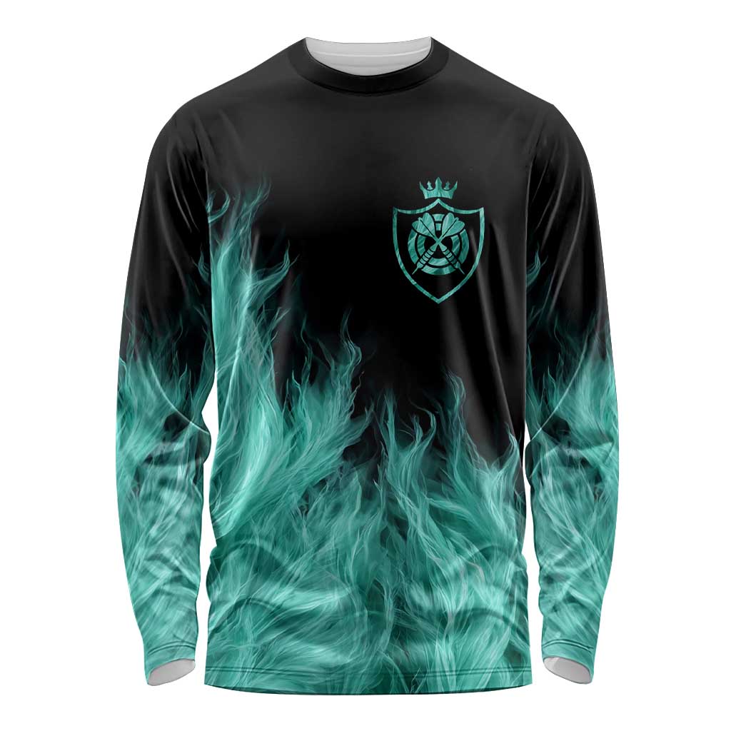 Darts Board Long Sleeve Shirt with Flaming Green Smoke and Crest Emblem on Black Gradient Background - Wonder Print Shop