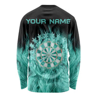 Darts Board Long Sleeve Shirt with Flaming Green Smoke and Crest Emblem on Black Gradient Background - Wonder Print Shop