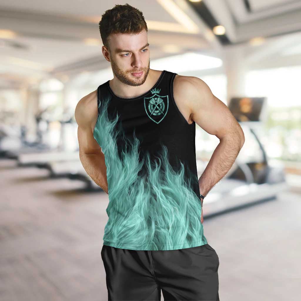 Darts Board Men Tank Top with Flaming Green Smoke and Crest Emblem on Black Gradient Background - Wonder Print Shop