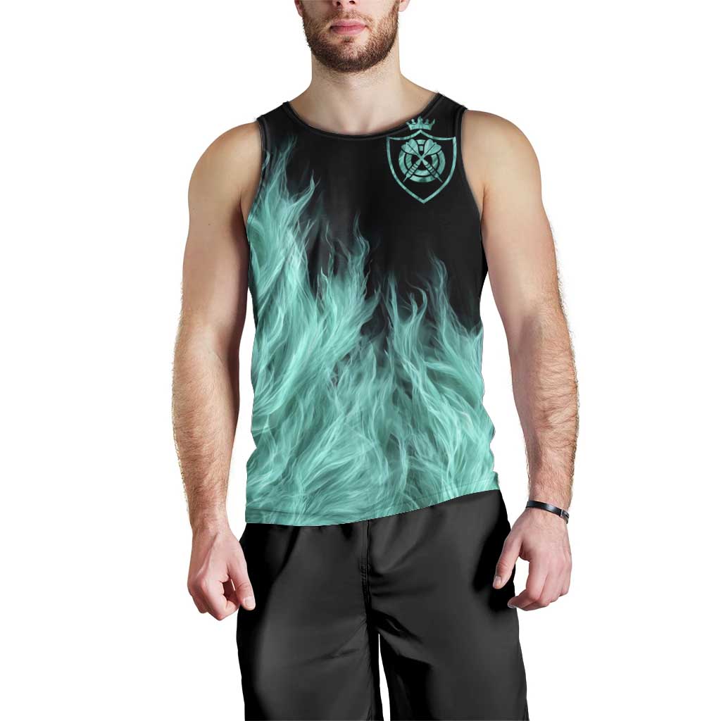 Darts Board Men Tank Top with Flaming Green Smoke and Crest Emblem on Black Gradient Background - Wonder Print Shop