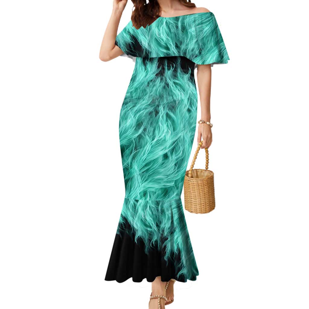 Darts Board Mermaid Dress with Flaming Green Smoke and Crest Emblem on Black Gradient Background - Wonder Print Shop