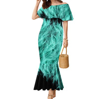 Darts Board Mermaid Dress with Flaming Green Smoke and Crest Emblem on Black Gradient Background - Wonder Print Shop