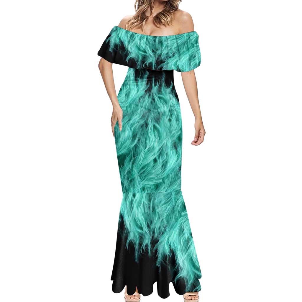 Darts Board Mermaid Dress with Flaming Green Smoke and Crest Emblem on Black Gradient Background - Wonder Print Shop