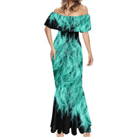 Darts Board Mermaid Dress with Flaming Green Smoke and Crest Emblem on Black Gradient Background - Wonder Print Shop