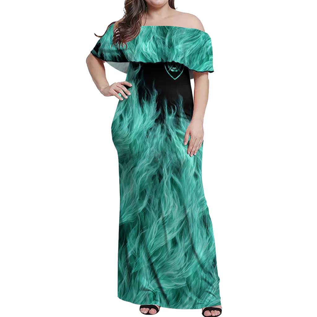 Darts Board Off Shoulder Maxi Dress with Flaming Green Smoke and Crest Emblem on Black Gradient Background - Wonder Print Shop