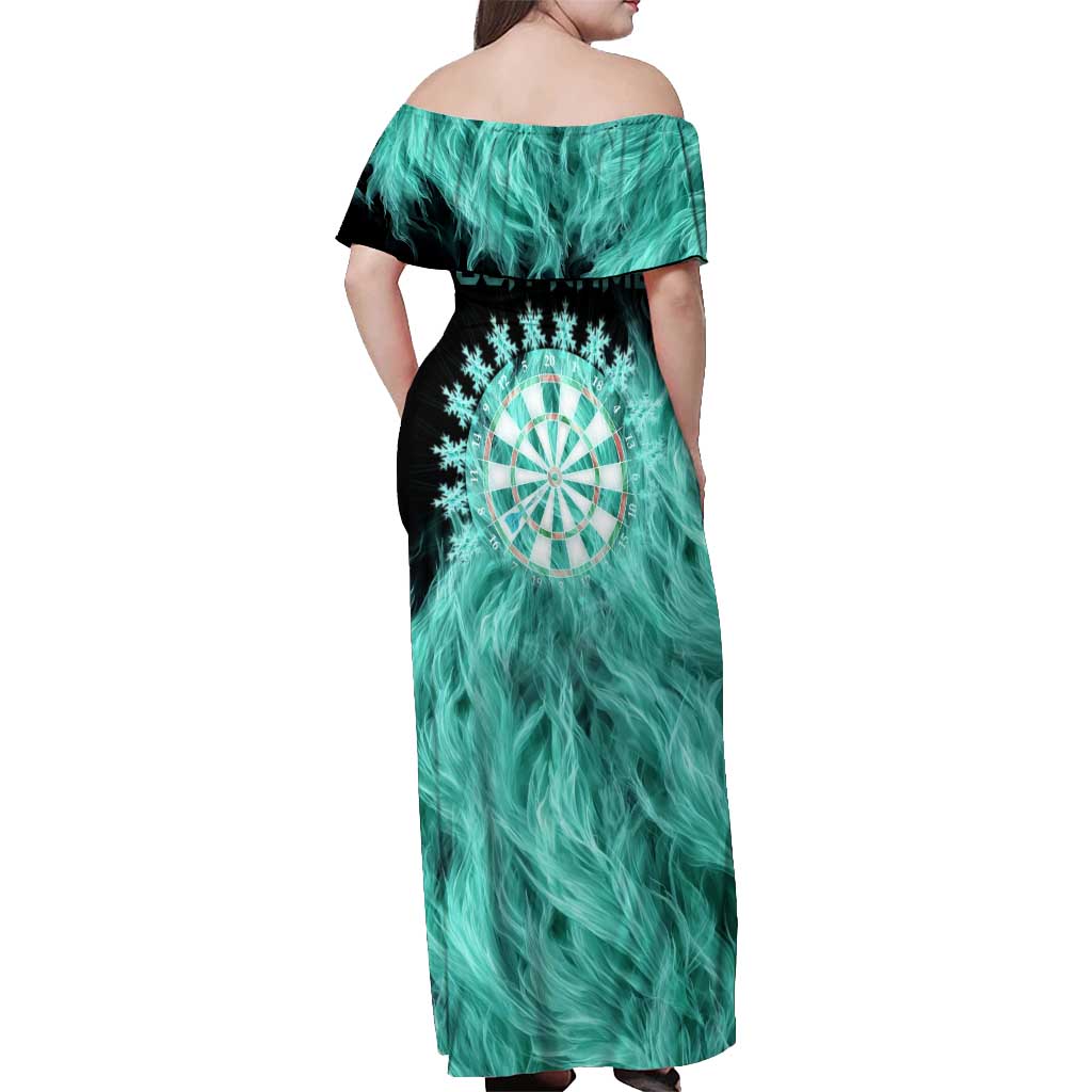 Darts Board Off Shoulder Maxi Dress with Flaming Green Smoke and Crest Emblem on Black Gradient Background - Wonder Print Shop