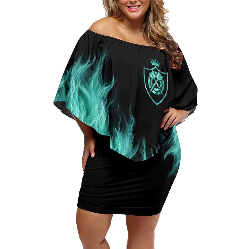 Darts Board Off Shoulder Short Dress with Flaming Green Smoke and Crest Emblem on Black Gradient Background - Wonder Print Shop