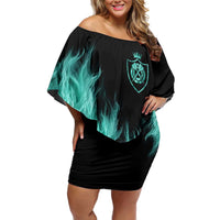 Darts Board Off Shoulder Short Dress with Flaming Green Smoke and Crest Emblem on Black Gradient Background - Wonder Print Shop