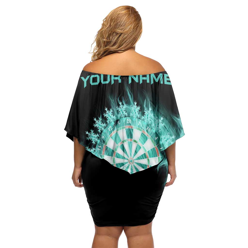 Darts Board Off Shoulder Short Dress with Flaming Green Smoke and Crest Emblem on Black Gradient Background - Wonder Print Shop