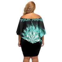 Darts Board Off Shoulder Short Dress with Flaming Green Smoke and Crest Emblem on Black Gradient Background - Wonder Print Shop