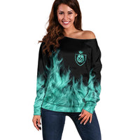 Darts Board Off Shoulder Sweater with Flaming Green Smoke and Crest Emblem on Black Gradient Background - Wonder Print Shop