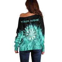 Darts Board Off Shoulder Sweater with Flaming Green Smoke and Crest Emblem on Black Gradient Background - Wonder Print Shop