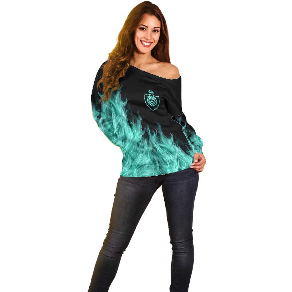 Darts Board Off Shoulder Sweater with Flaming Green Smoke and Crest Emblem on Black Gradient Background - Wonder Print Shop