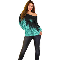 Darts Board Off Shoulder Sweater with Flaming Green Smoke and Crest Emblem on Black Gradient Background - Wonder Print Shop