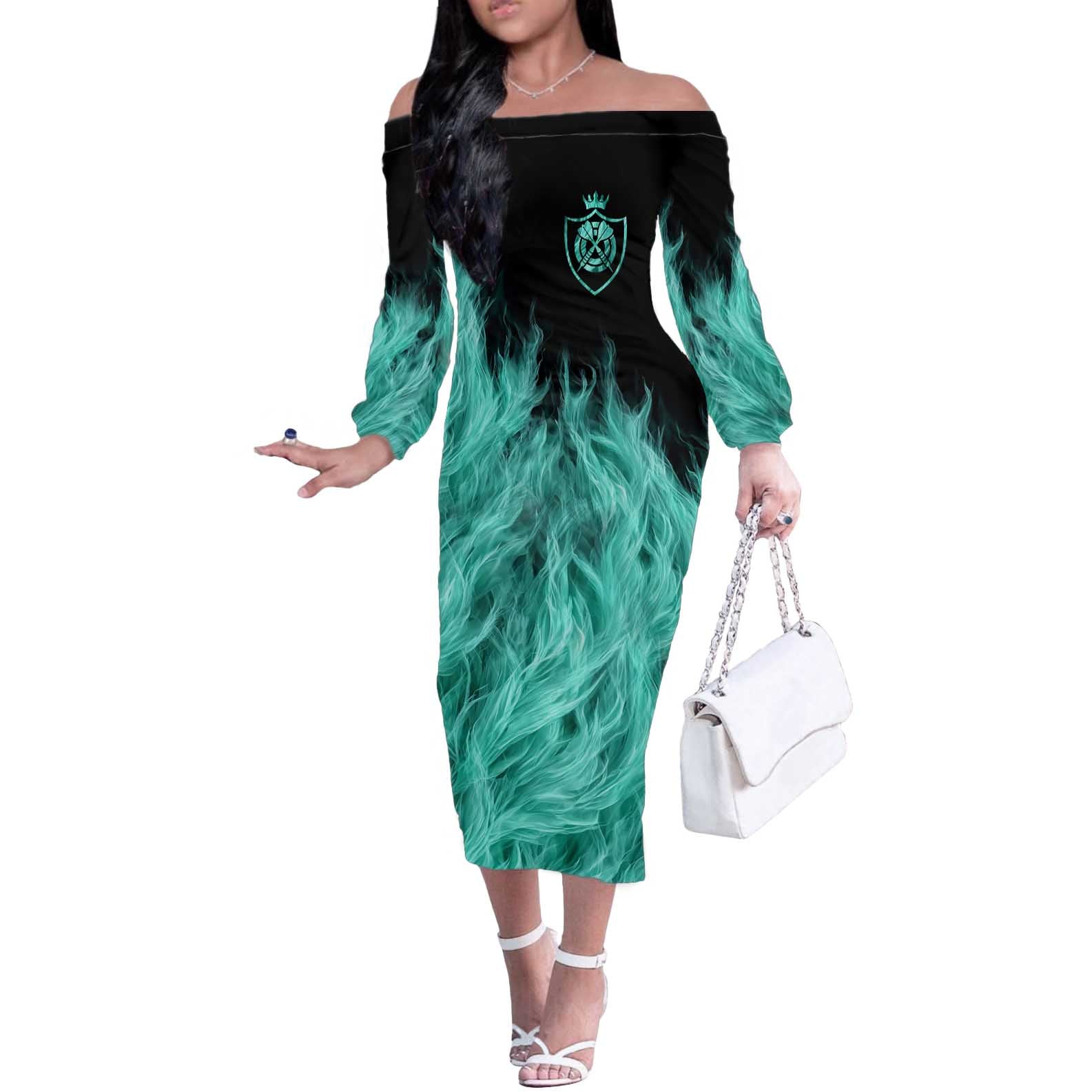 Darts Board Off The Shoulder Long Sleeve Dress with Flaming Green Smoke and Crest Emblem on Black Gradient Background - Wonder Print Shop
