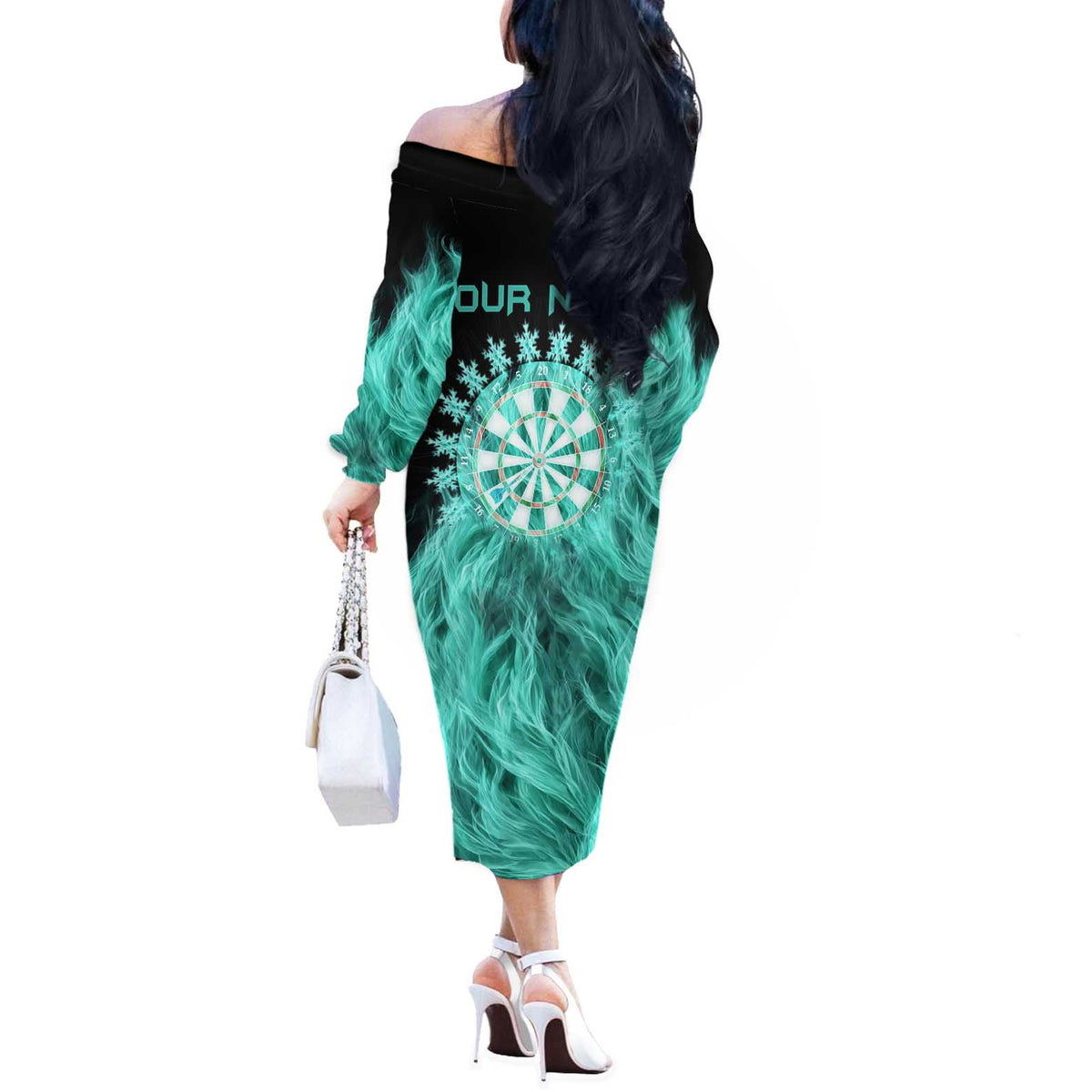 Darts Board Off The Shoulder Long Sleeve Dress with Flaming Green Smoke and Crest Emblem on Black Gradient Background - Wonder Print Shop