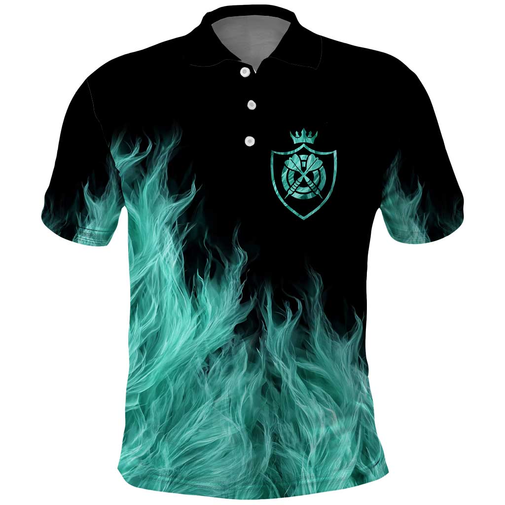 Darts Board Polo Shirt with Flaming Green Smoke and Crest Emblem on Black Gradient Background - Wonder Print Shop
