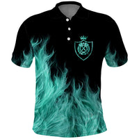 Darts Board Polo Shirt with Flaming Green Smoke and Crest Emblem on Black Gradient Background - Wonder Print Shop