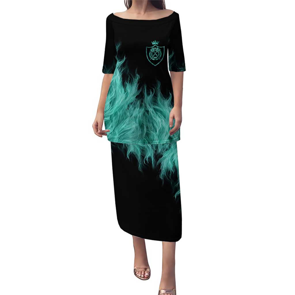 Darts Board Puletasi with Flaming Green Smoke and Crest Emblem on Black Gradient Background - Wonder Print Shop