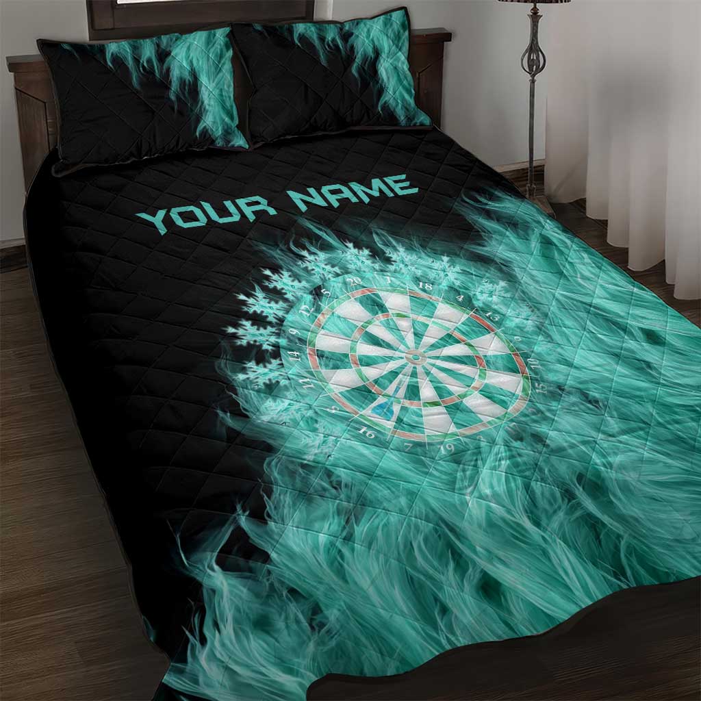 Darts Board Quilt Bed Set with Flaming Green Smoke and Crest Emblem on Black Gradient Background - Wonder Print Shop