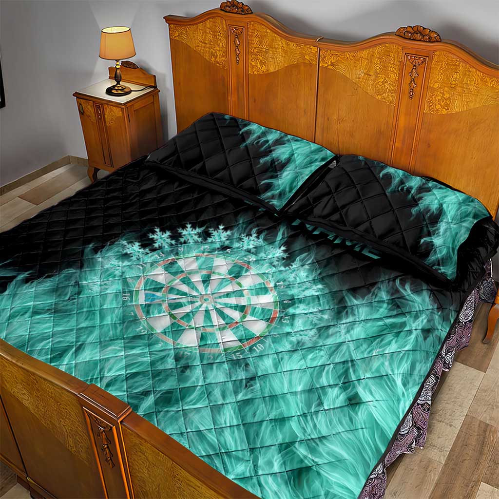 Darts Board Quilt Bed Set with Flaming Green Smoke and Crest Emblem on Black Gradient Background - Wonder Print Shop