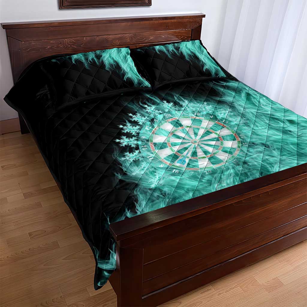 Darts Board Quilt Bed Set with Flaming Green Smoke and Crest Emblem on Black Gradient Background - Wonder Print Shop