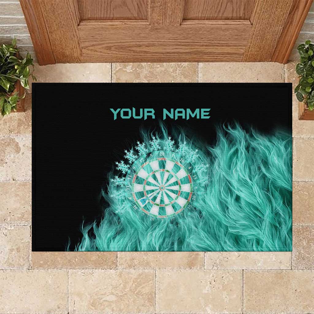 Darts Board Rubber Doormat with Flaming Green Smoke and Crest Emblem on Black Gradient Background - Wonder Print Shop