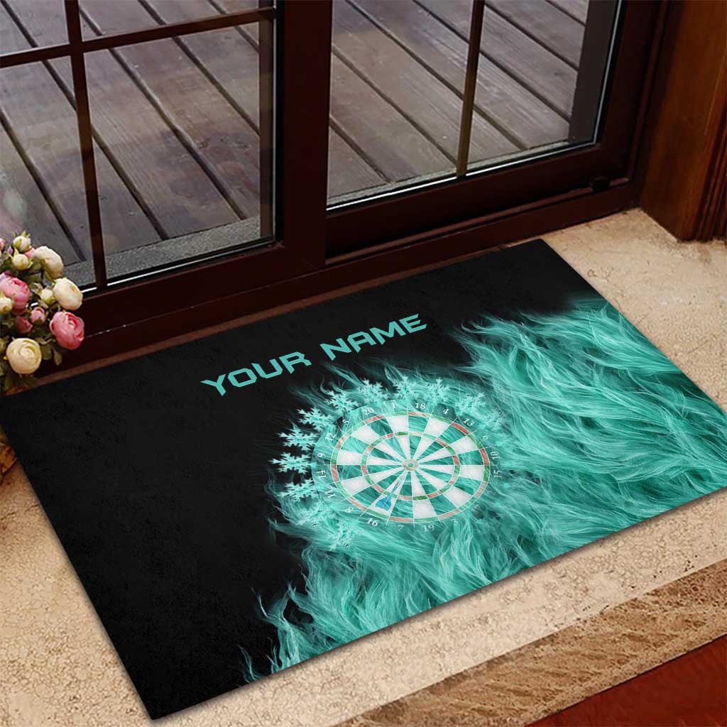 Darts Board Rubber Doormat with Flaming Green Smoke and Crest Emblem on Black Gradient Background - Wonder Print Shop