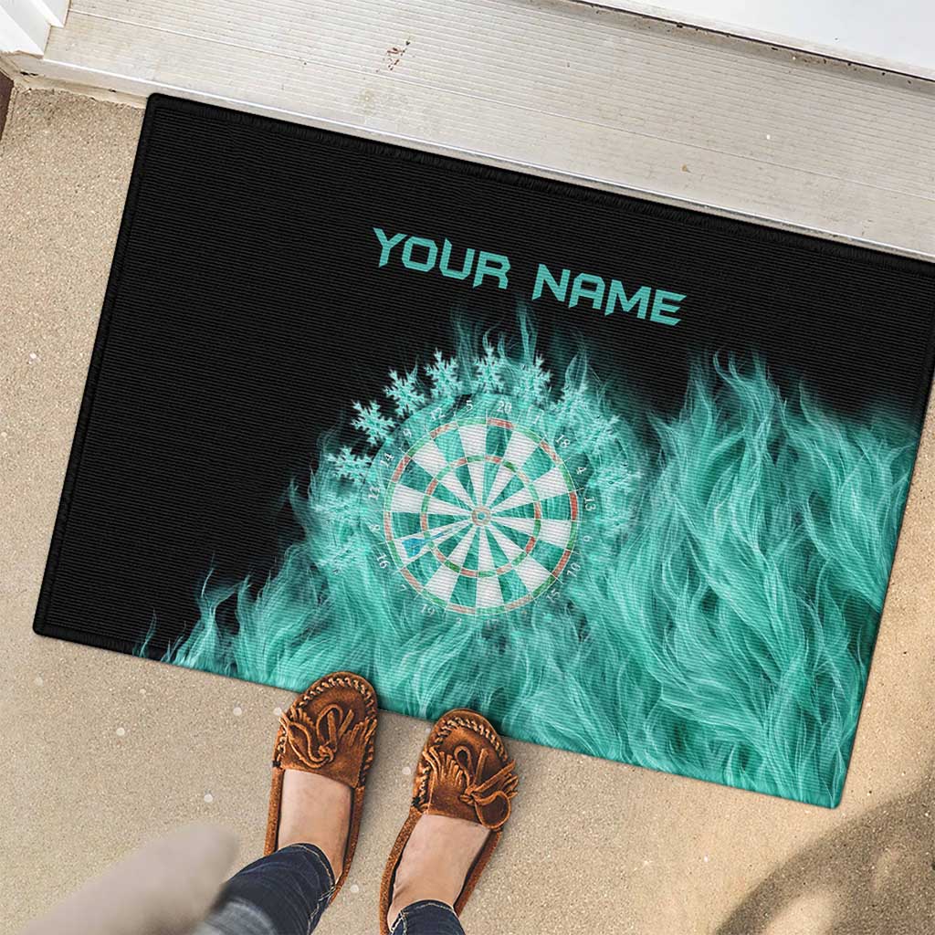 Darts Board Rubber Doormat with Flaming Green Smoke and Crest Emblem on Black Gradient Background - Wonder Print Shop