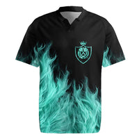 Darts Board Rugby Jersey with Flaming Green Smoke and Crest Emblem on Black Gradient Background - Wonder Print Shop