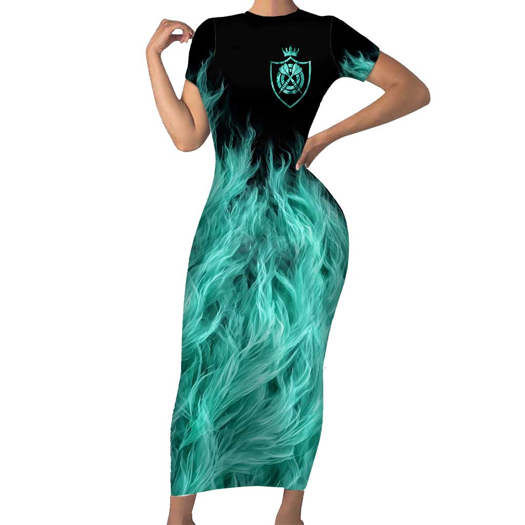 Darts Board Short Sleeve Bodycon Dress with Flaming Green Smoke and Crest Emblem on Black Gradient Background - Wonder Print Shop