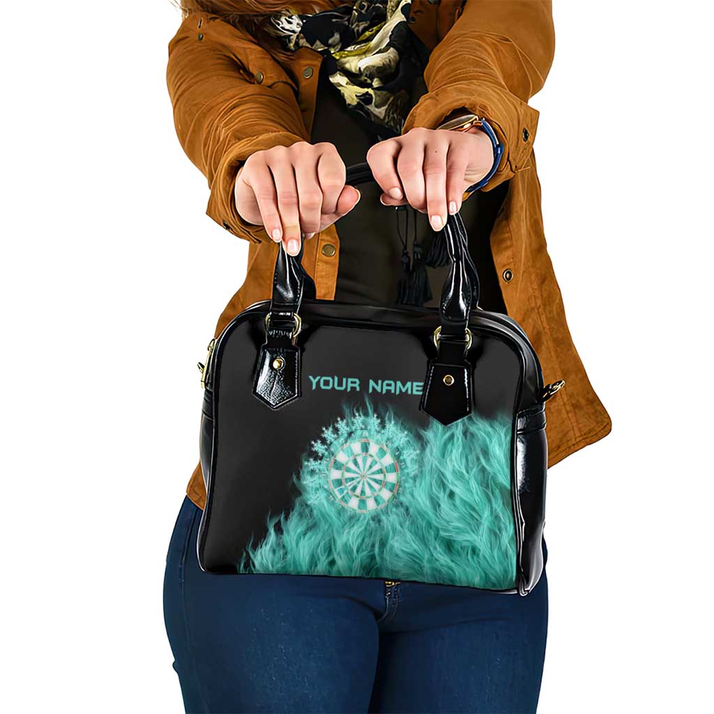 Darts Board Shoulder Handbag with Flaming Green Smoke and Crest Emblem on Black Gradient Background - Wonder Print Shop