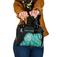 Darts Board Shoulder Handbag with Flaming Green Smoke and Crest Emblem on Black Gradient Background - Wonder Print Shop